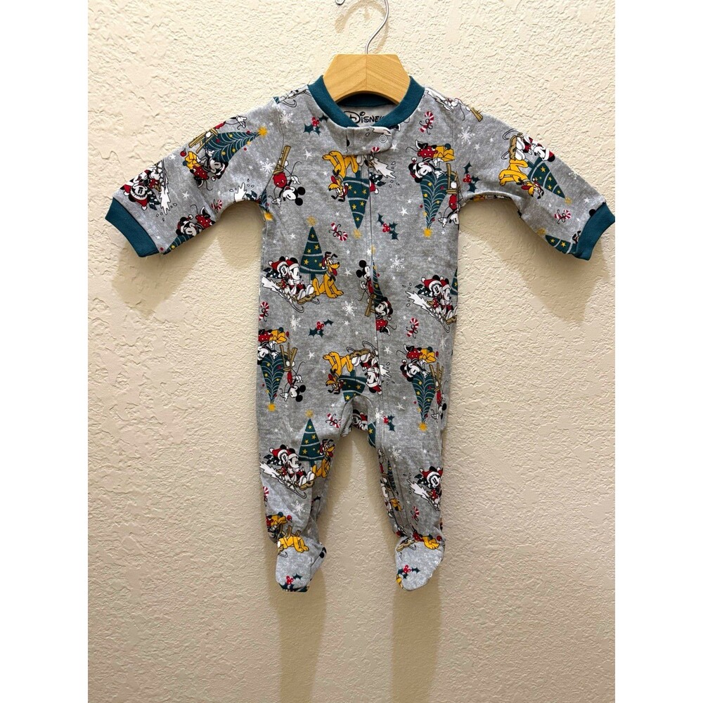 Disney Footed One Piece Sleeper Christmas Mickey & Friends 3-6M Gray